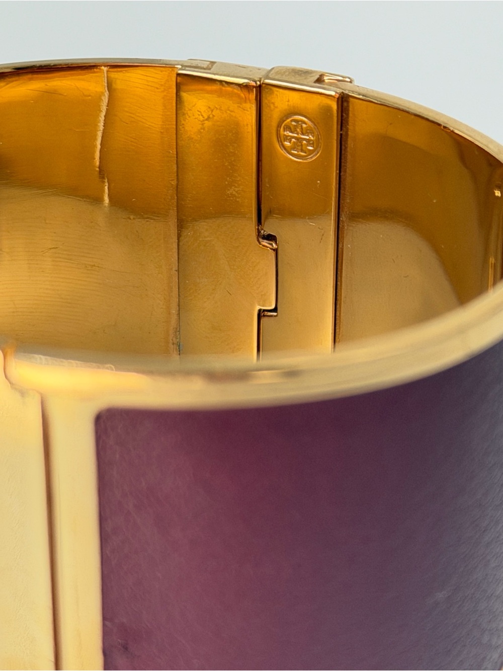 Tory Burch Burgundy Leather Gold Tone Wide Cuff Bracelet - Picture 6 of 9